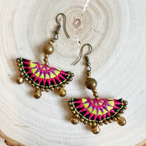 Boho Embroidered Antique Brass Earrings - Picture 1 of 4